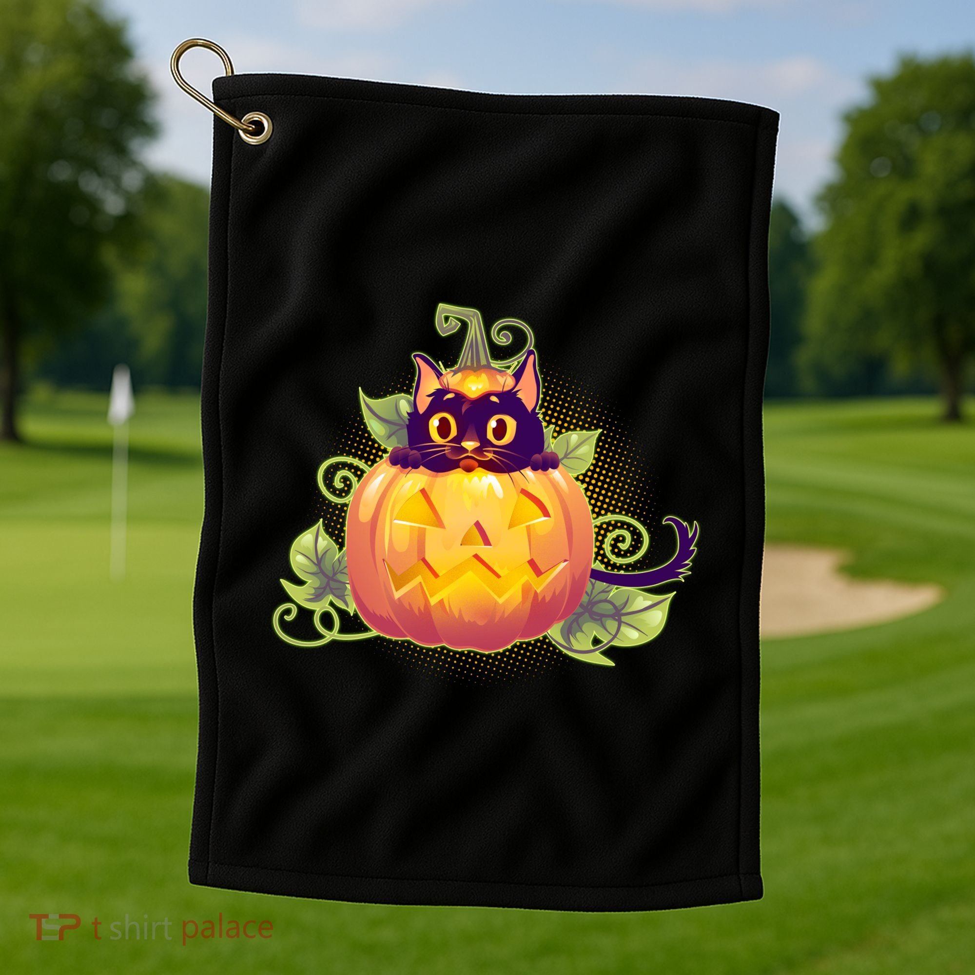 Cute Halloween Jackolantern PumpkinBlack Cat Golf Towel