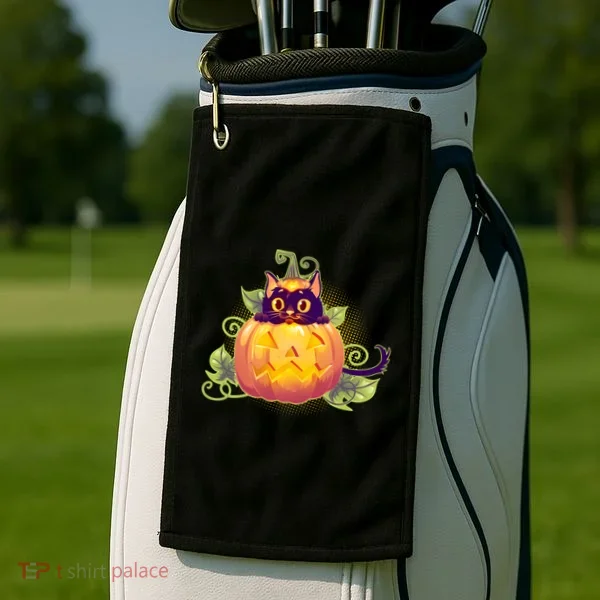 Cute Halloween Jackolantern PumpkinBlack Cat Golf Towel