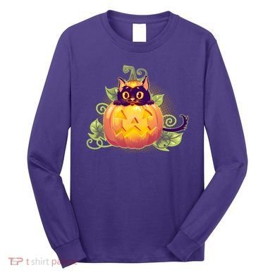 Cute Halloween Jackolantern PumpkinBlack Cat Long Sleeve Shirt