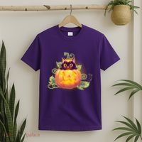 Cute Halloween Jackolantern PumpkinBlack Cat T-Shirt thumb 2