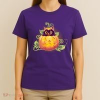 Cute Halloween Jackolantern PumpkinBlack Cat T-Shirt thumb 4