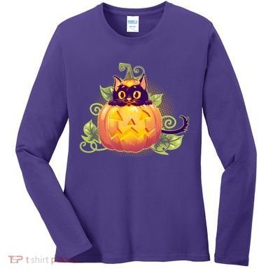 Cute Halloween Jackolantern PumpkinBlack Cat Women's Long Sleeve Shirt