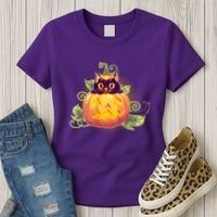 Cute Halloween Jackolantern PumpkinBlack Cat Women's T-Shirt thumb 3