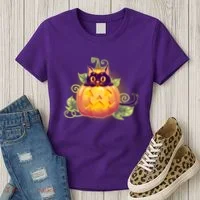 Cute Halloween Jackolantern PumpkinBlack Cat Women's T-Shirt thumb 3