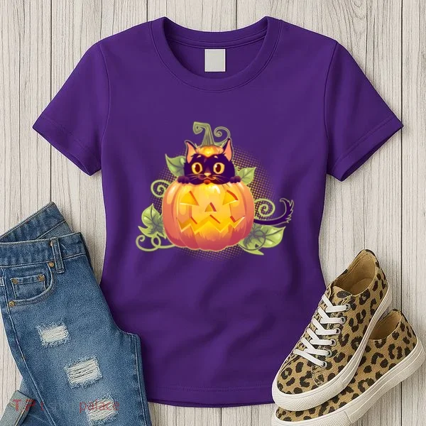 Cute Halloween Jackolantern PumpkinBlack Cat Women's T-Shirt