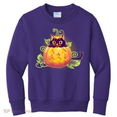 Cute Halloween Jackolantern PumpkinBlack Cat Kids Sweatshirt