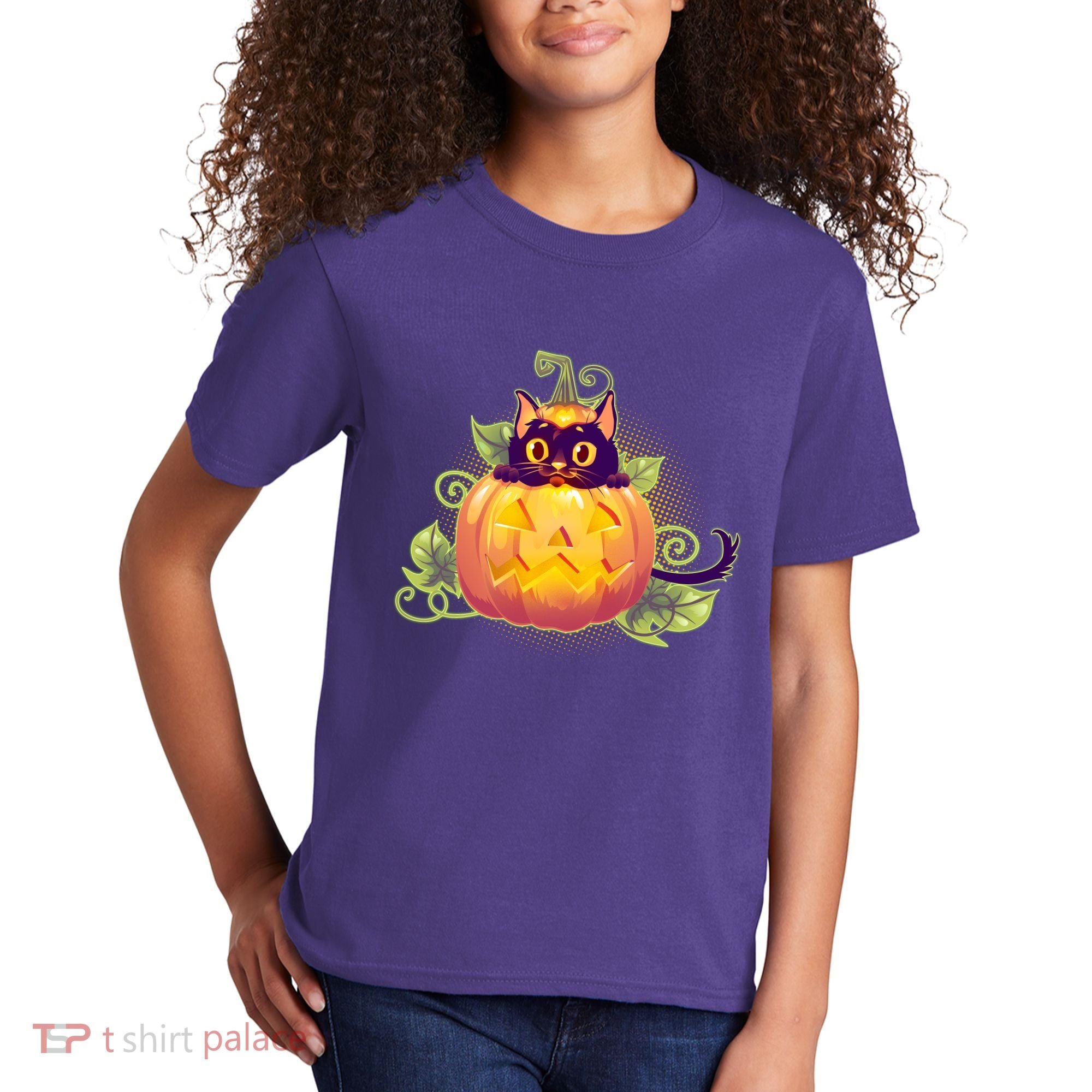 Cute Halloween Jackolantern PumpkinBlack Cat Kids T-Shirt