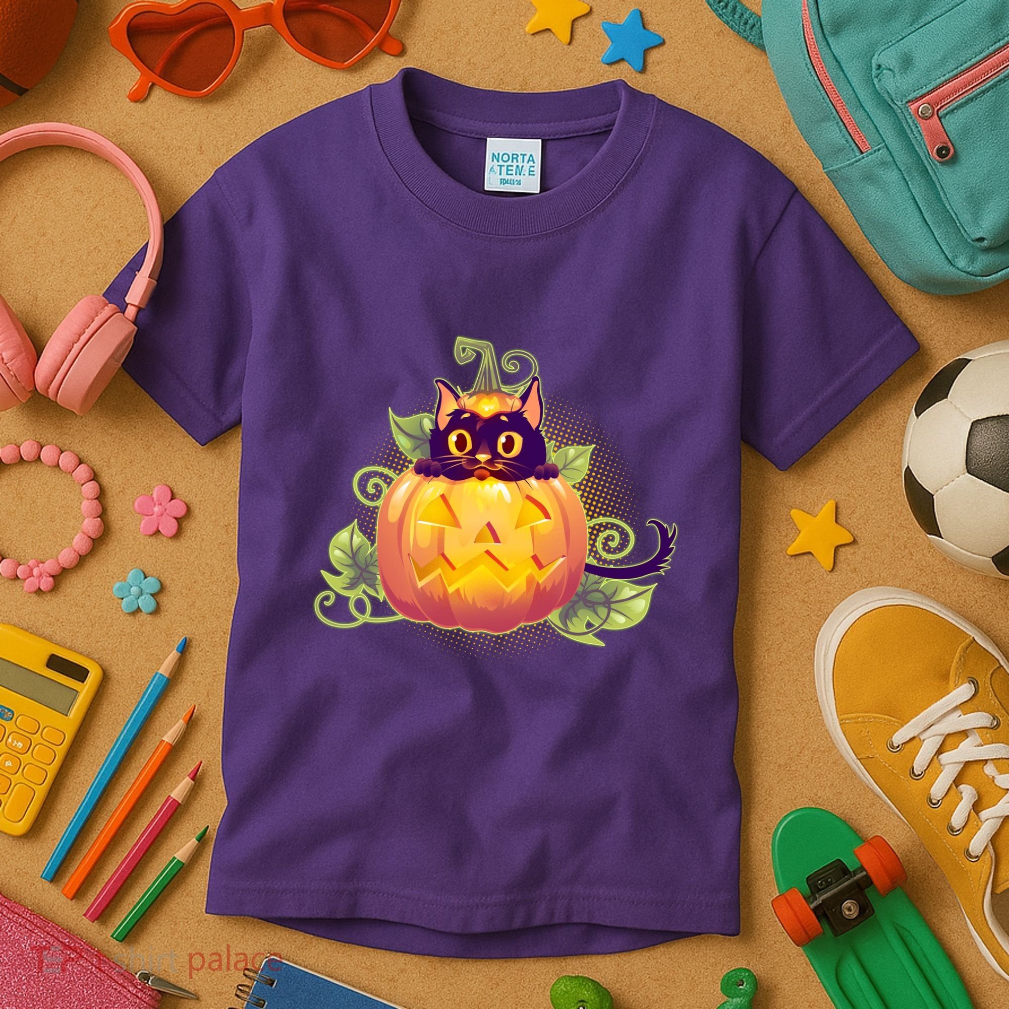Cute Halloween Jackolantern PumpkinBlack Cat Kids T-Shirt