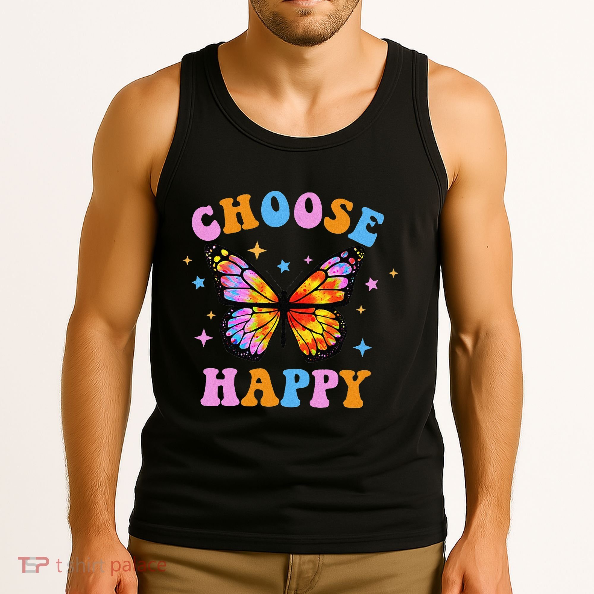 Choose Happy Letter Print Butterfly Women Inspirational Tank Top