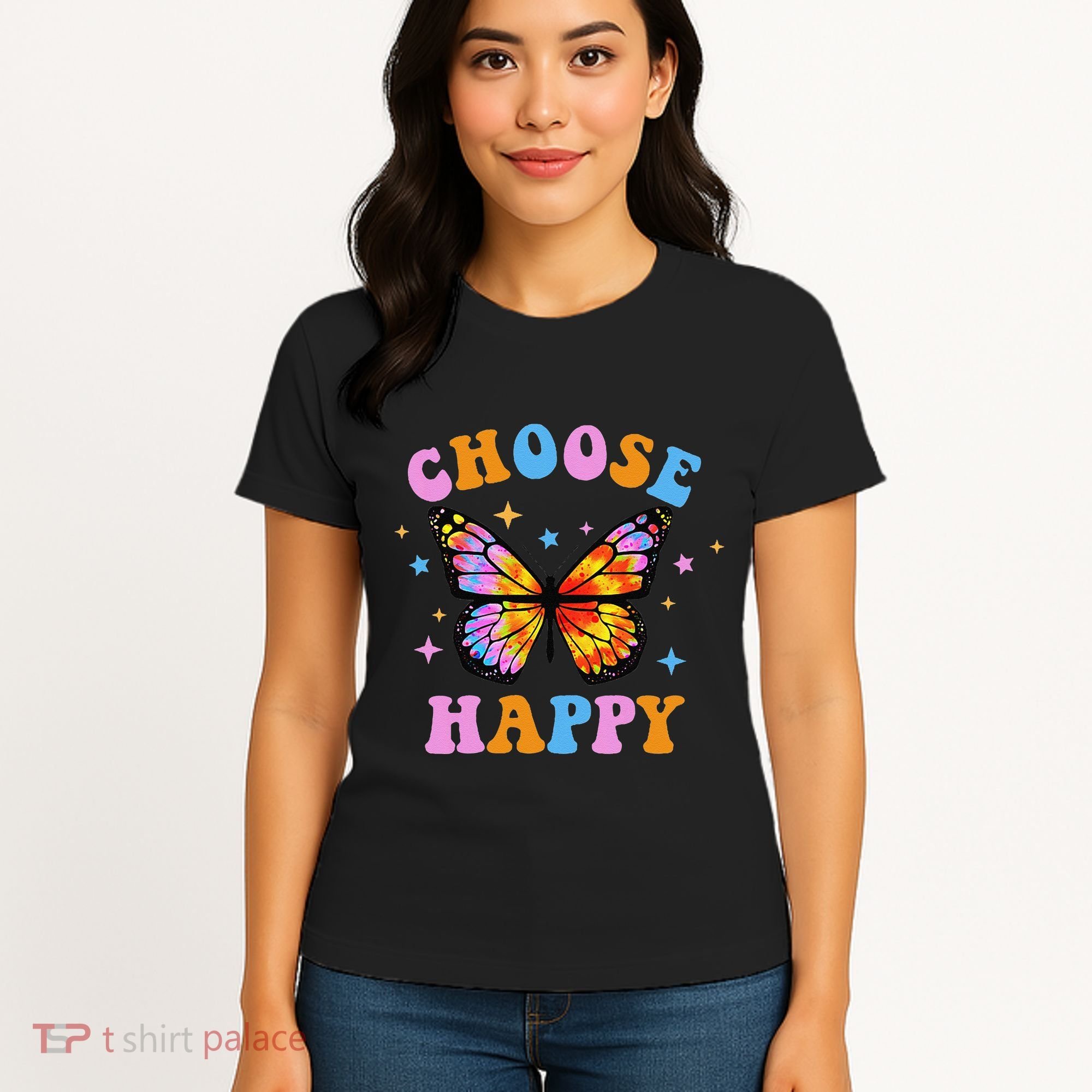 Choose Happy Letter Print Butterfly Women Inspirational Women's T-Shirt