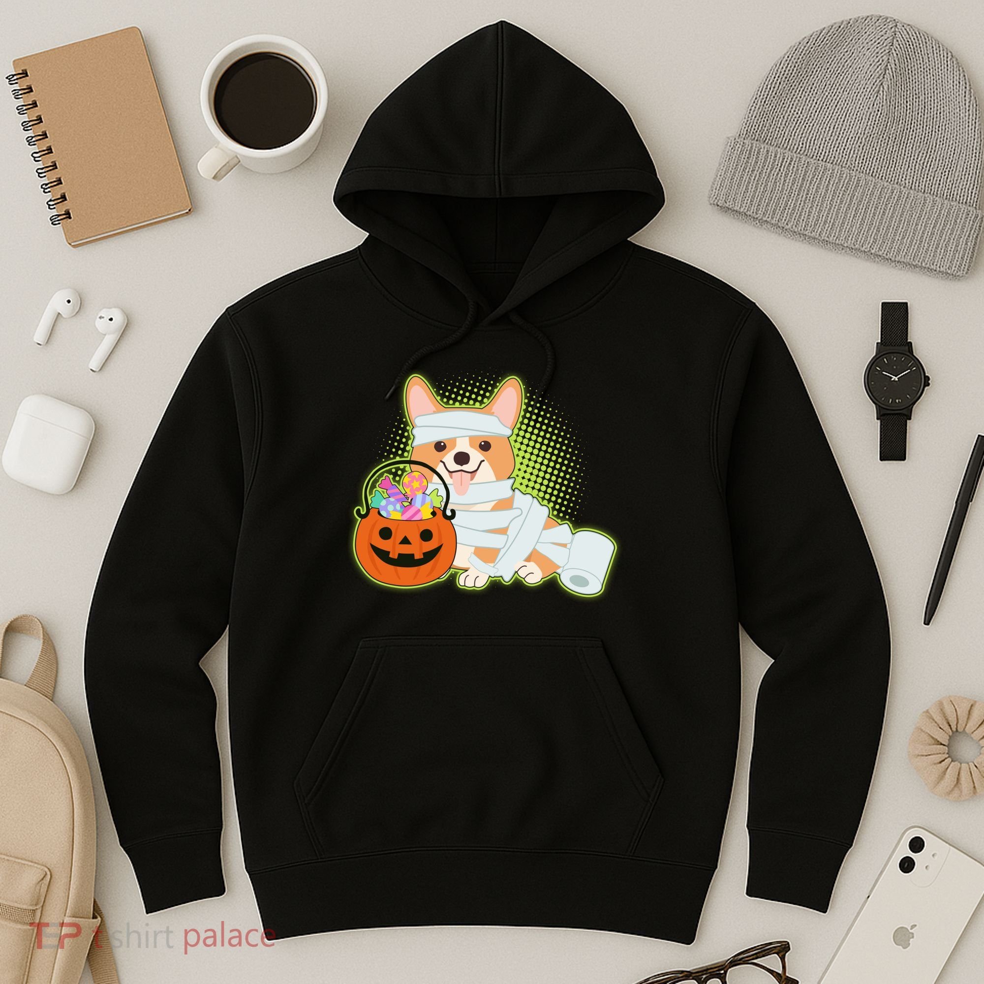 Cute Halloween Mummy Welsh Corgi And Pumpkin Candy Hoodie