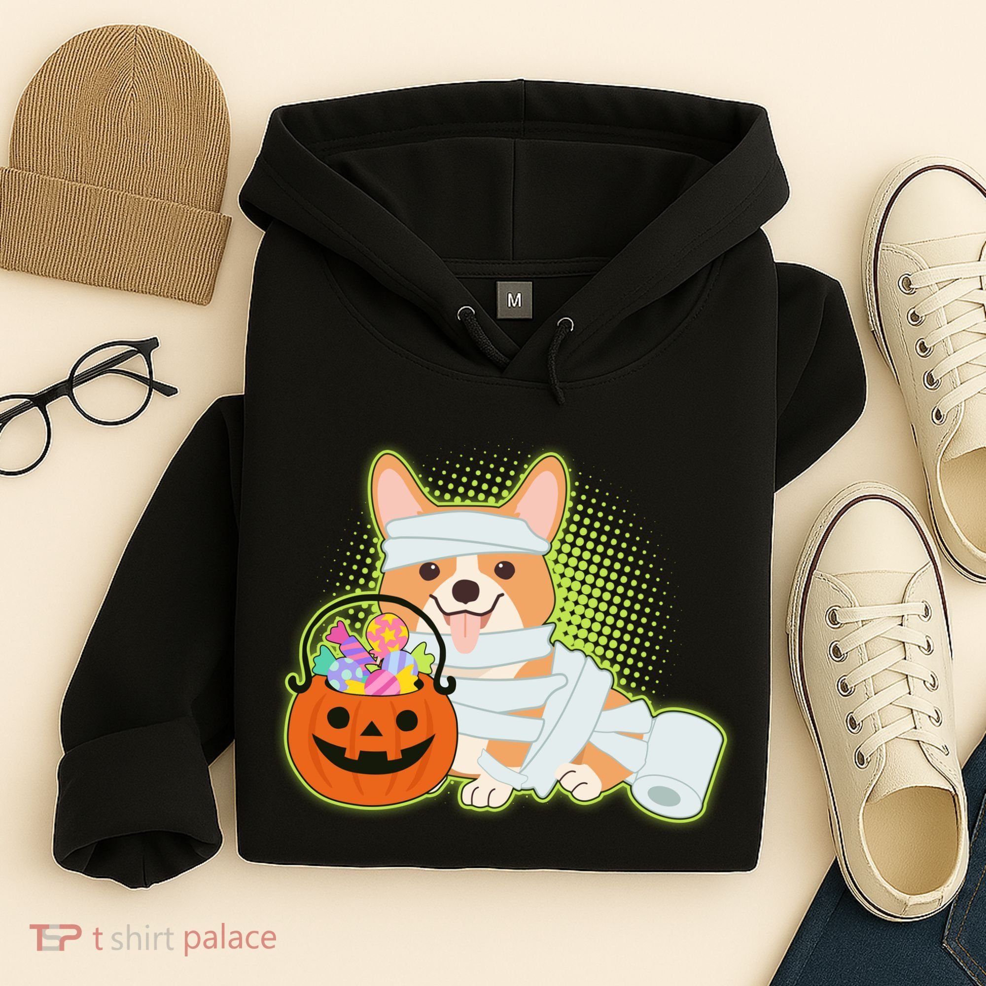 Cute Halloween Mummy Welsh Corgi And Pumpkin Candy Hoodie