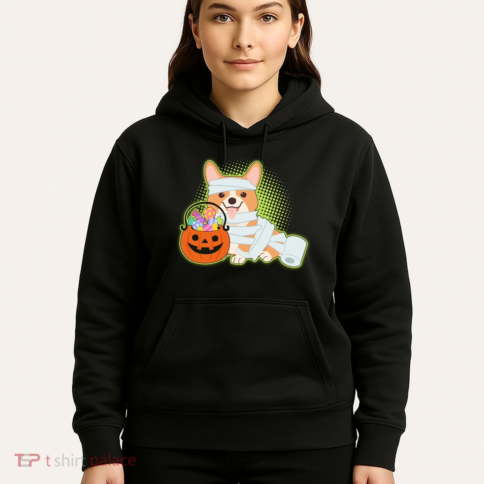 Cute Halloween Mummy Welsh Corgi And Pumpkin Candy Hoodie