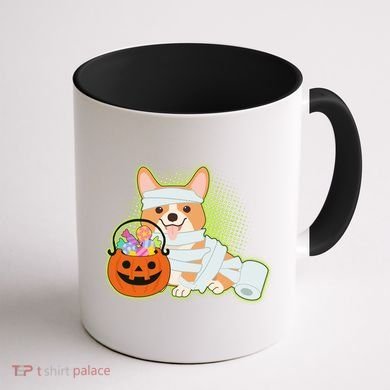 Cute Halloween Mummy Welsh Corgi And Pumpkin Candy Coffee Mug back