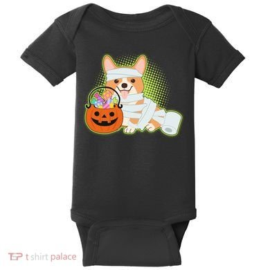 Cute Halloween Mummy Welsh Corgi And Pumpkin Candy Baby Bodysuit