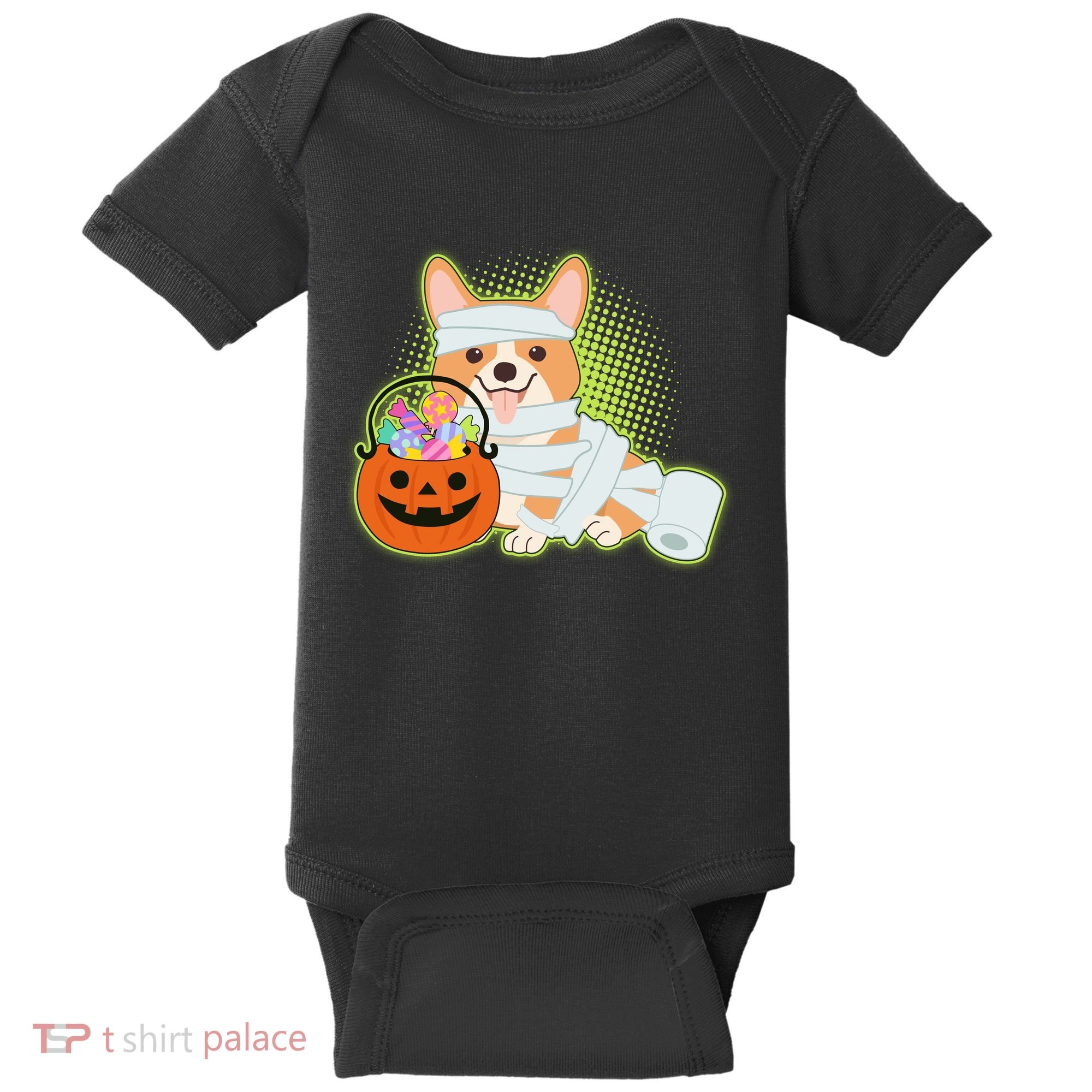 Cute Halloween Mummy Welsh Corgi And Pumpkin Candy Baby Bodysuit