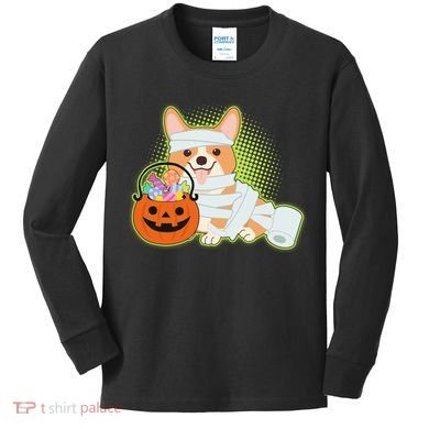 Cute Halloween Mummy Welsh Corgi And Pumpkin Candy Kids Long Sleeve Shirt