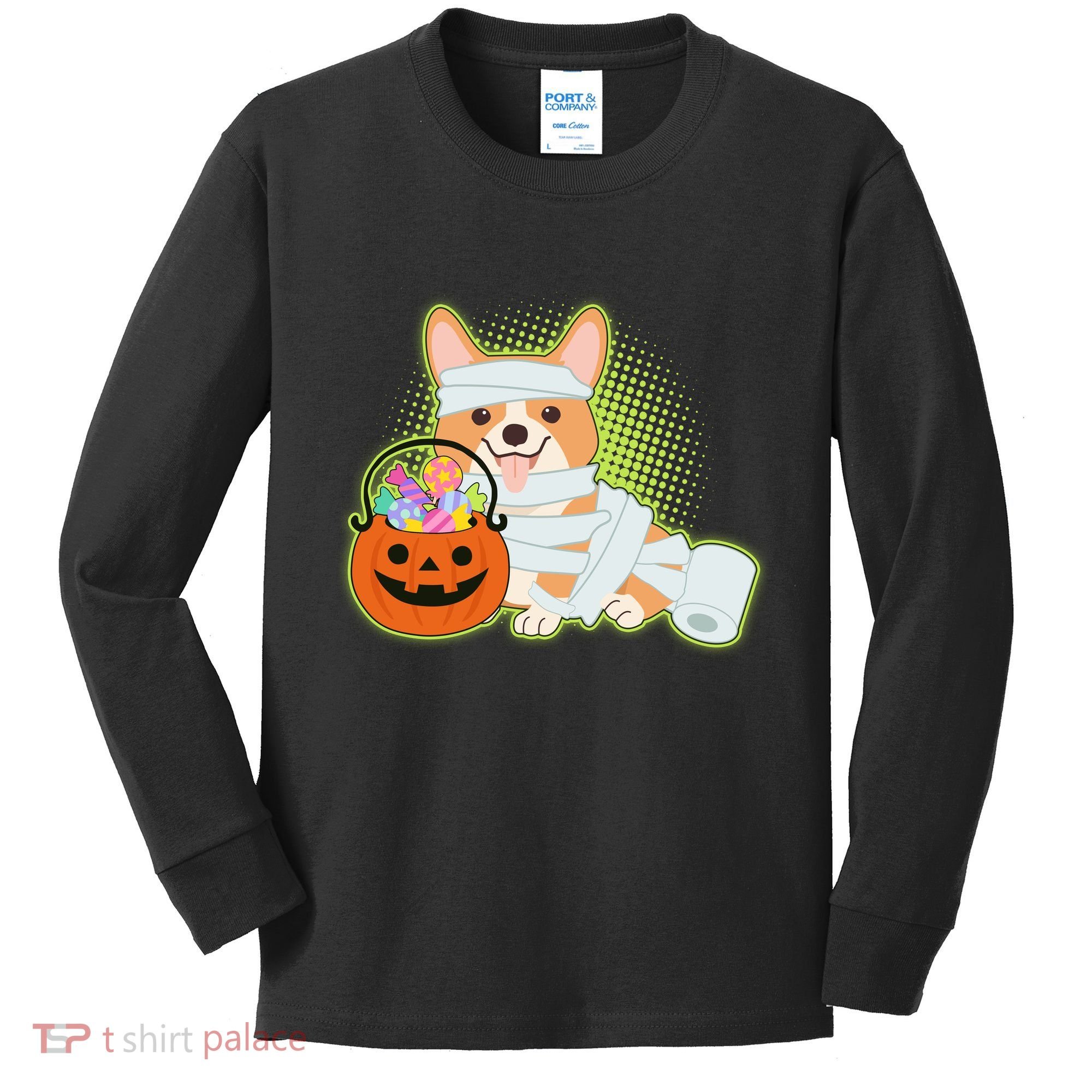 Cute Halloween Mummy Welsh Corgi And Pumpkin Candy Kids Long Sleeve Shirt