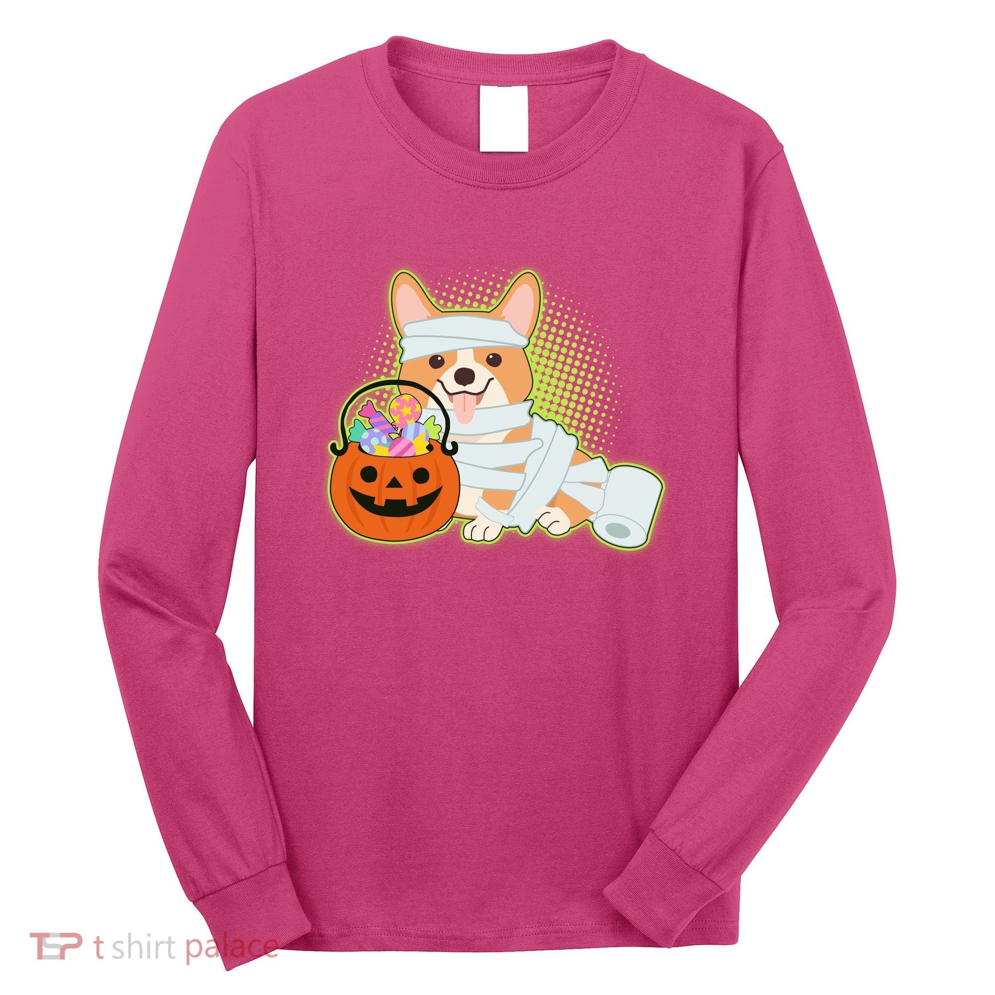 Cute Halloween Mummy Welsh Corgi And Pumpkin Candy Long Sleeve Shirt