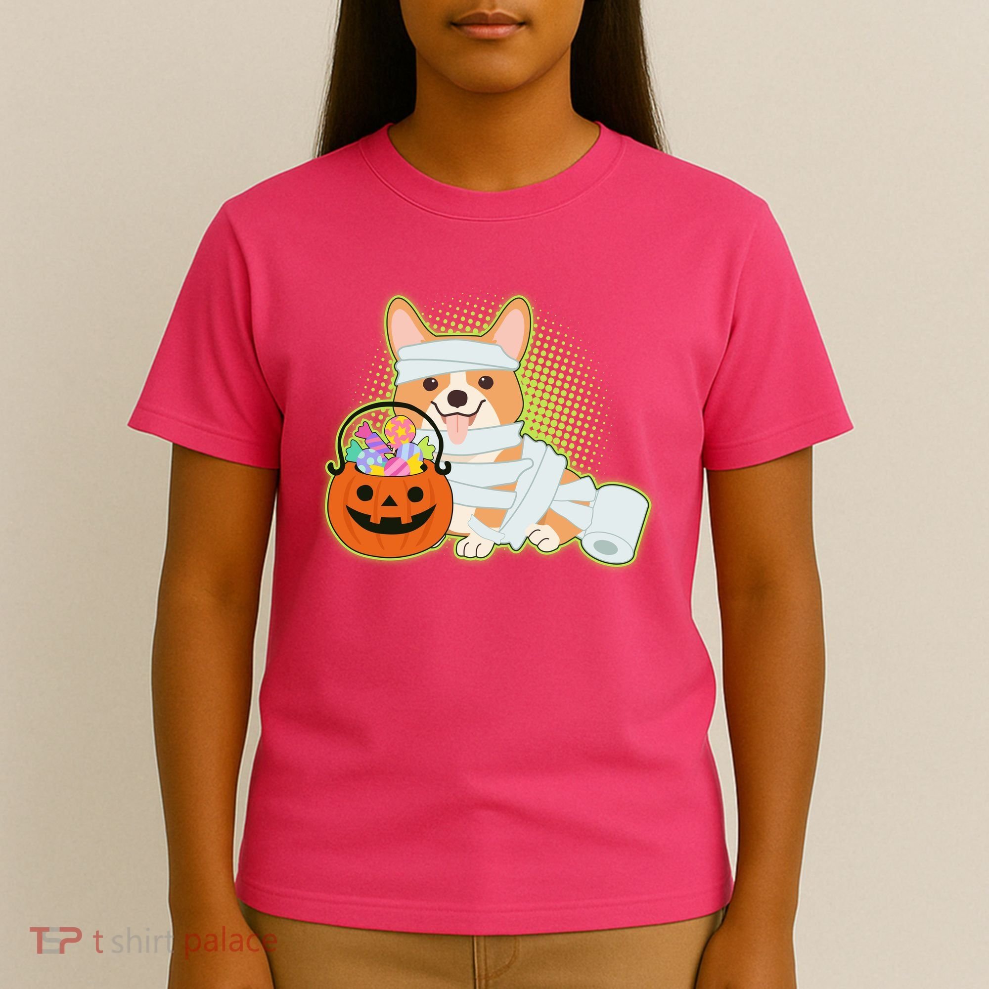Cute Halloween Mummy Welsh Corgi And Pumpkin Candy T-Shirt