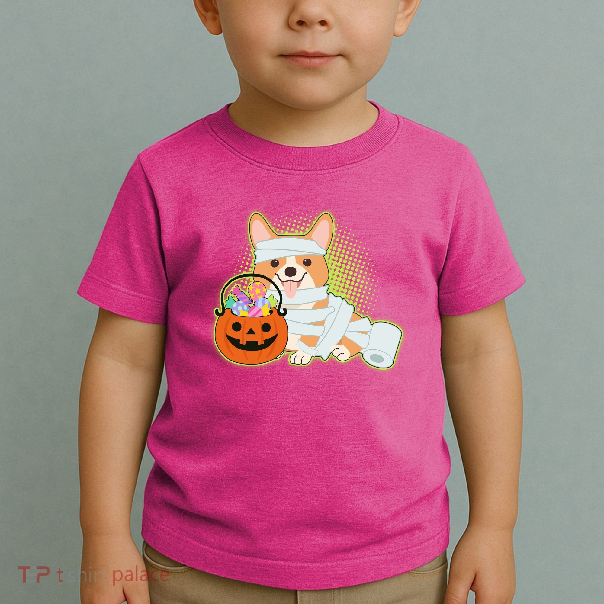 Cute Halloween Mummy Welsh Corgi And Pumpkin Candy Toddler T-Shirt