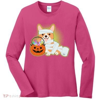 Cute Halloween Mummy Welsh Corgi And Pumpkin Candy Women's Long Sleeve Shirt