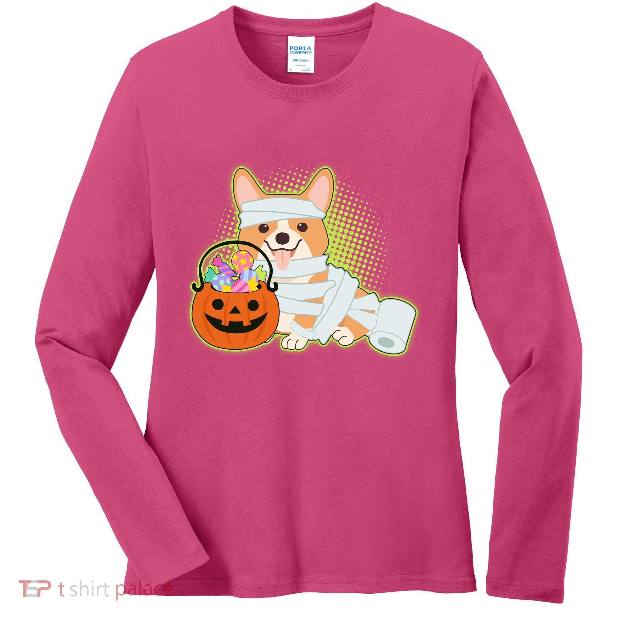 Cute Halloween Mummy Welsh Corgi And Pumpkin Candy Women's Long Sleeve Shirt