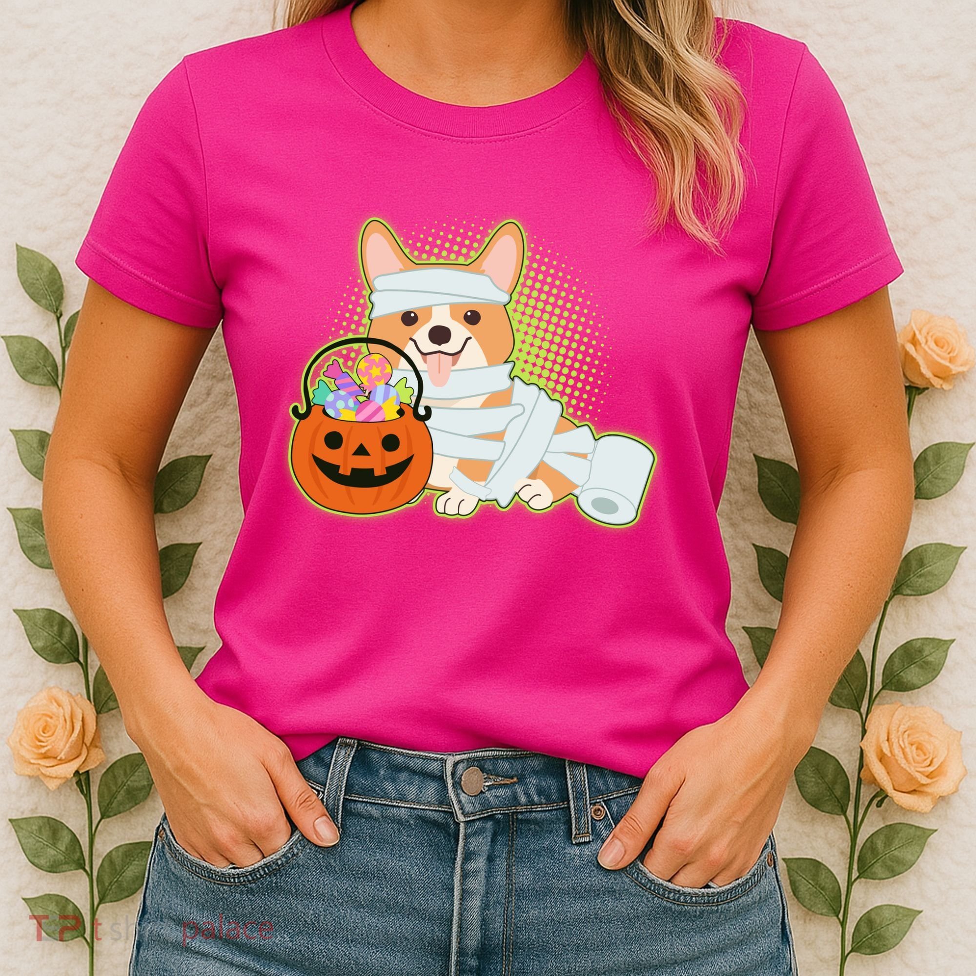 Cute Halloween Mummy Welsh Corgi And Pumpkin Candy Women's T-Shirt