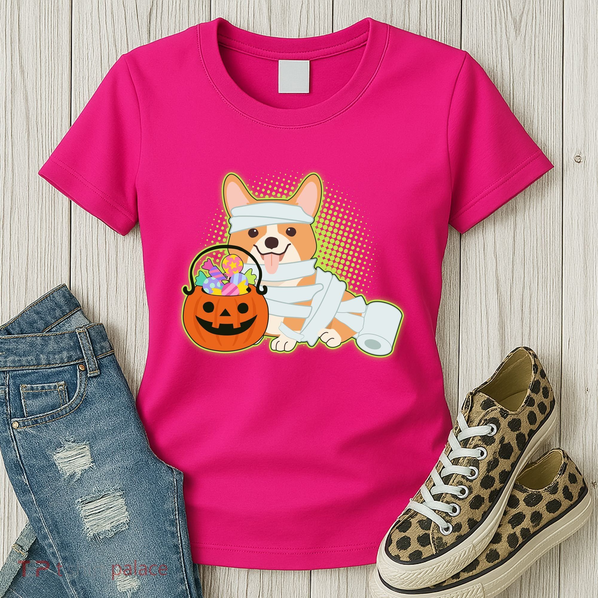 Cute Halloween Mummy Welsh Corgi And Pumpkin Candy Women's T-Shirt
