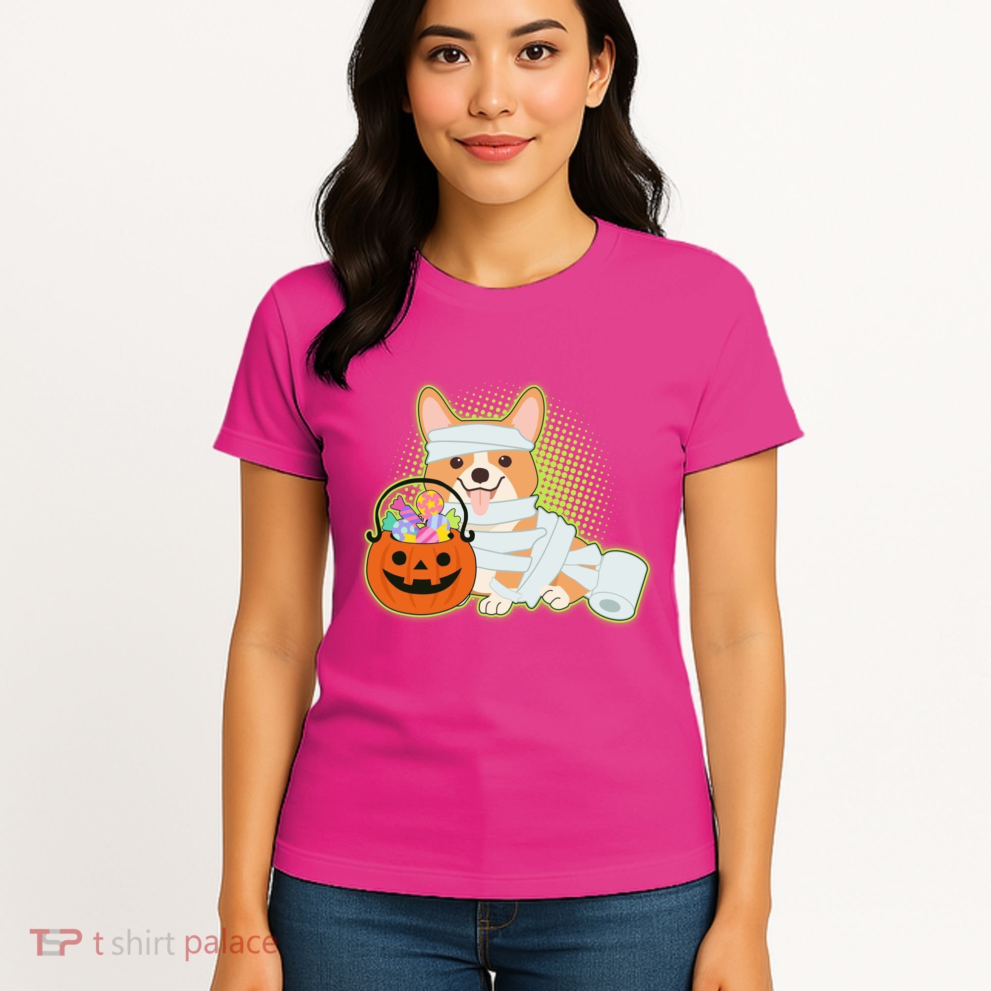 Cute Halloween Mummy Welsh Corgi And Pumpkin Candy Women's T-Shirt
