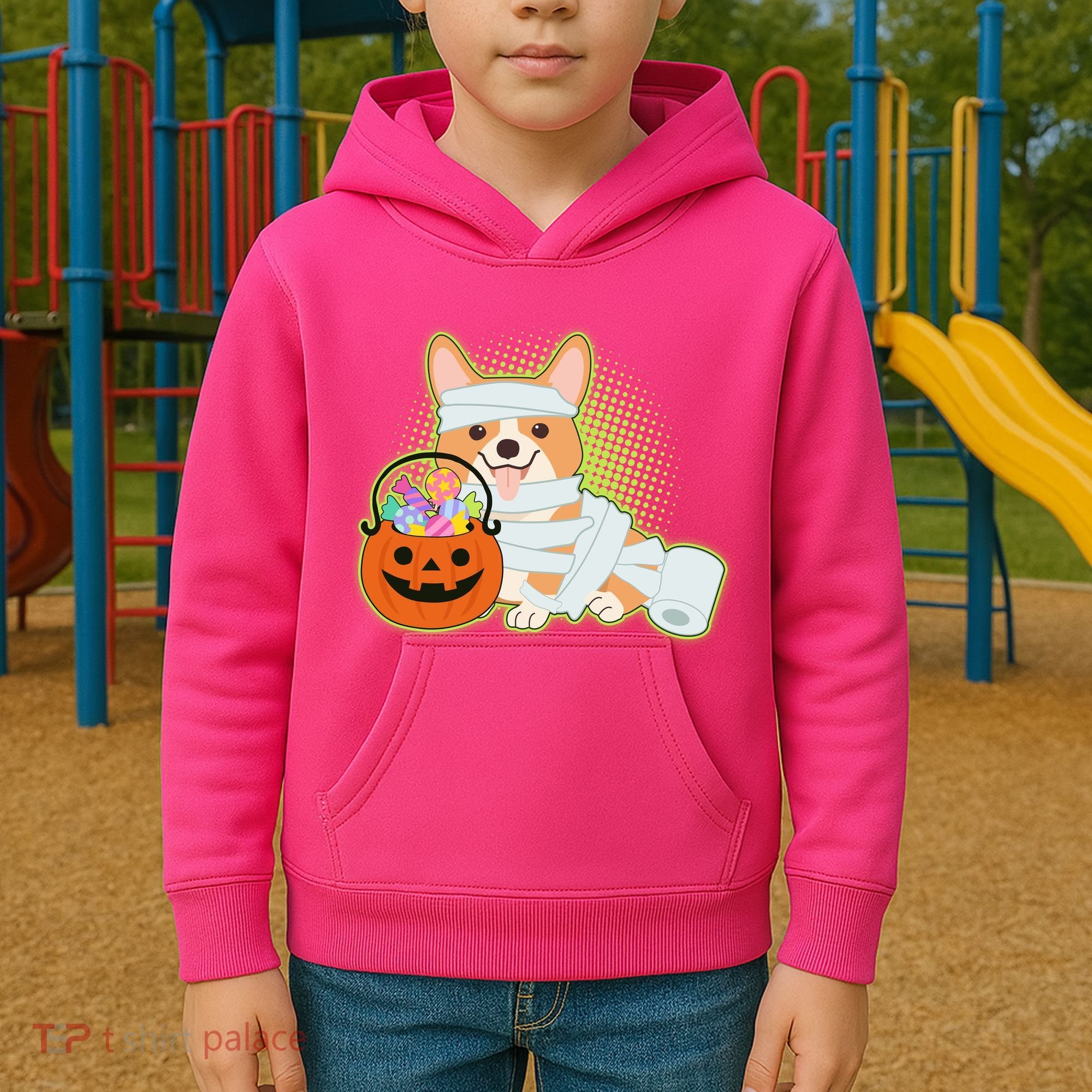 Cute Halloween Mummy Welsh Corgi And Pumpkin Candy Kids Hoodie