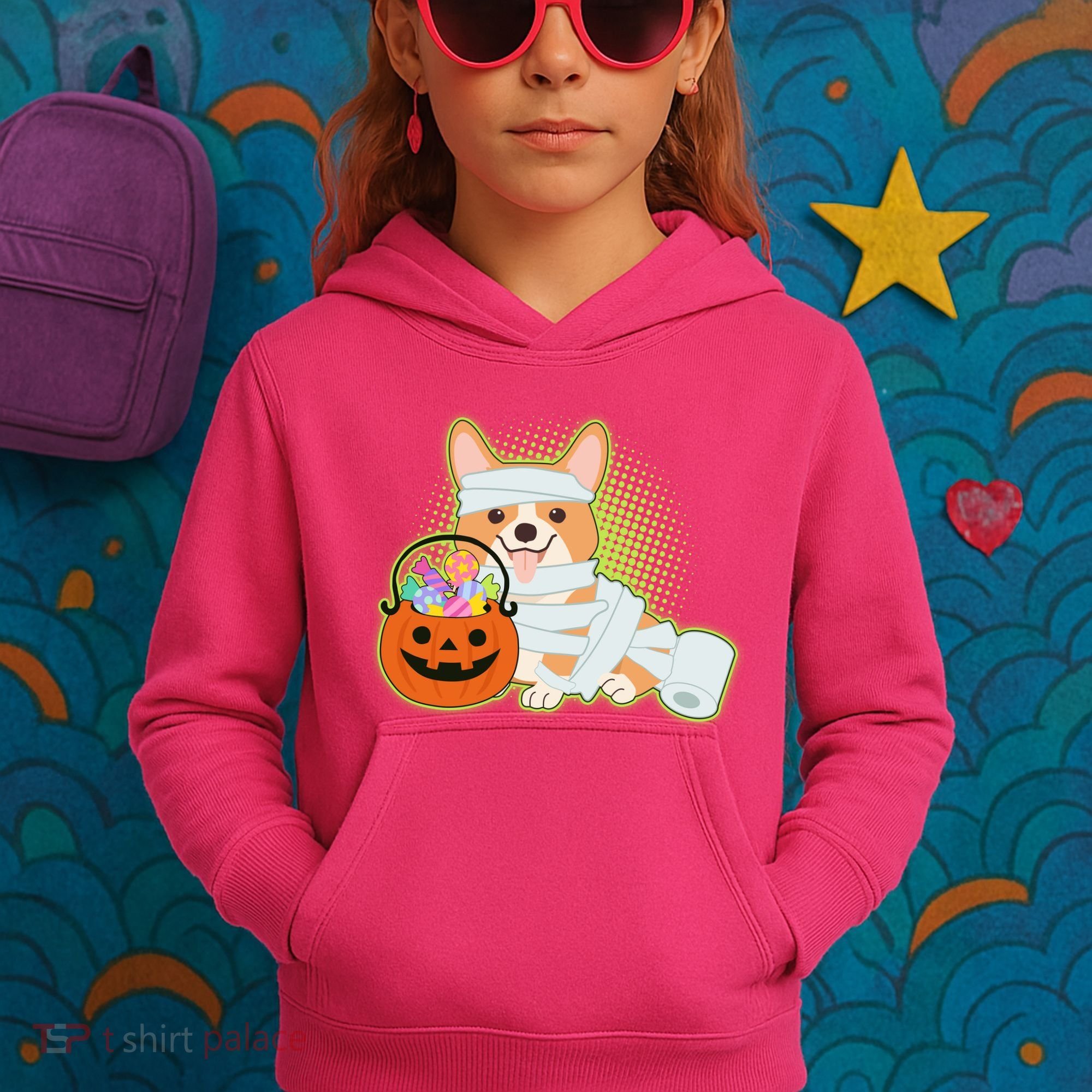 Cute Halloween Mummy Welsh Corgi And Pumpkin Candy Kids Hoodie