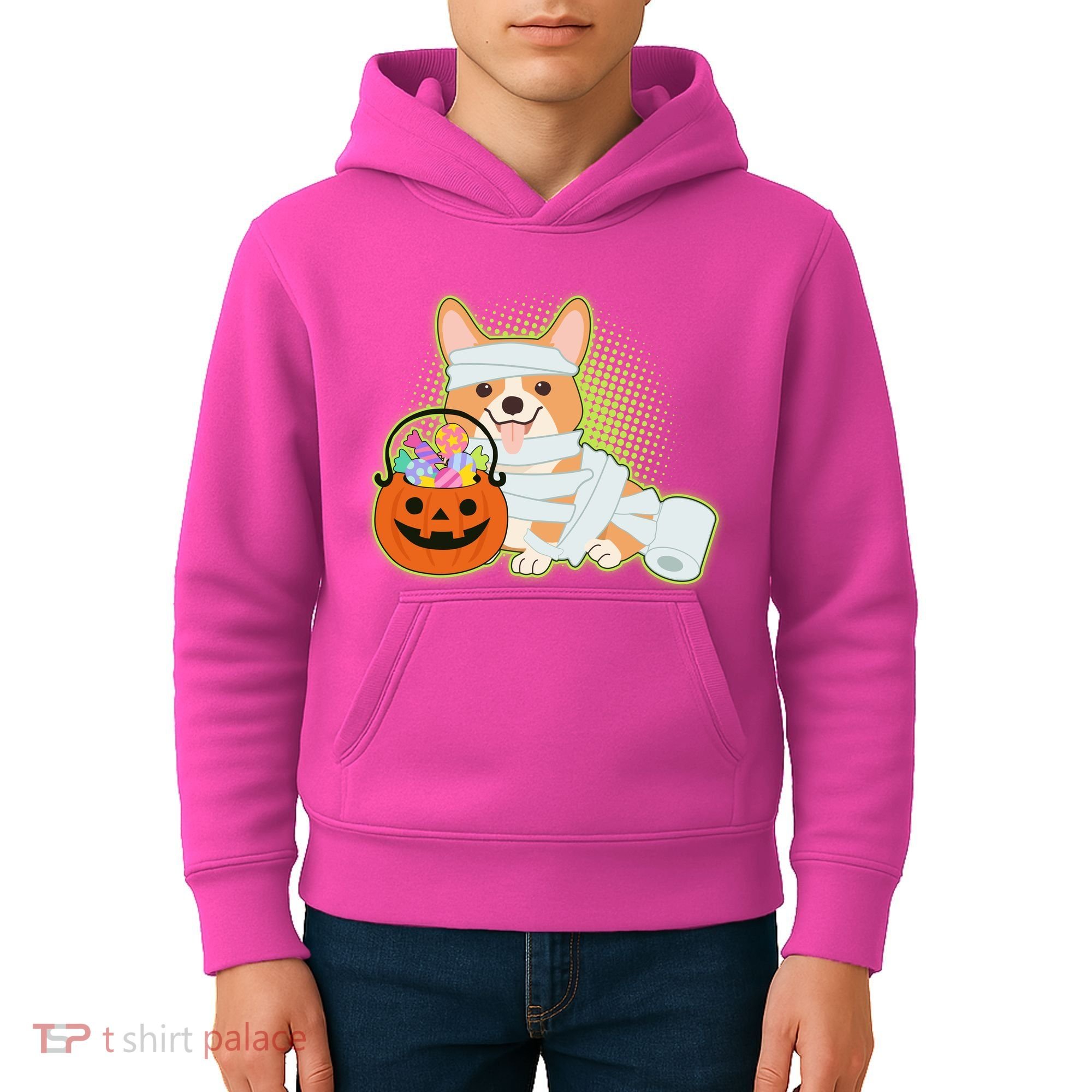 Cute Halloween Mummy Welsh Corgi And Pumpkin Candy Kids Hoodie