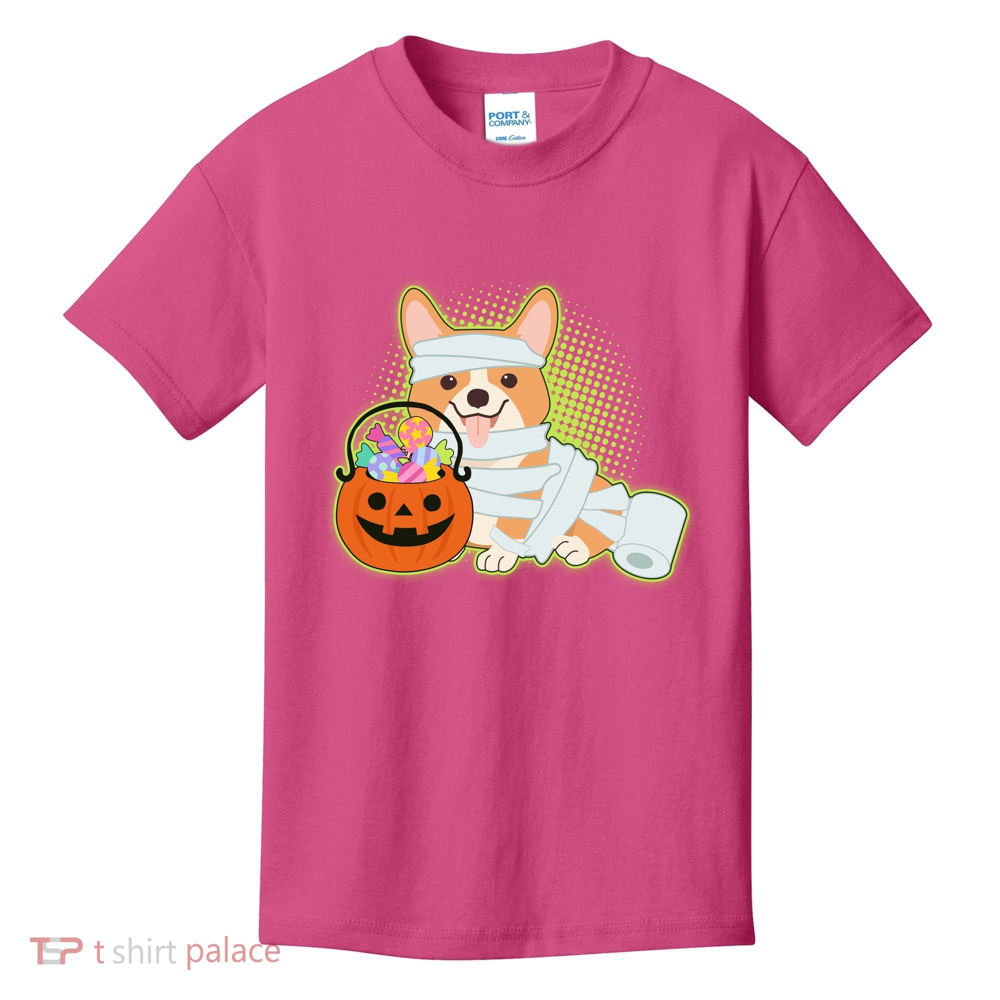 Cute Halloween Mummy Welsh Corgi And Pumpkin Candy Kids T-Shirt