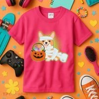 Cute Halloween Mummy Welsh Corgi And Pumpkin Candy Kids T-Shirt thumb 3