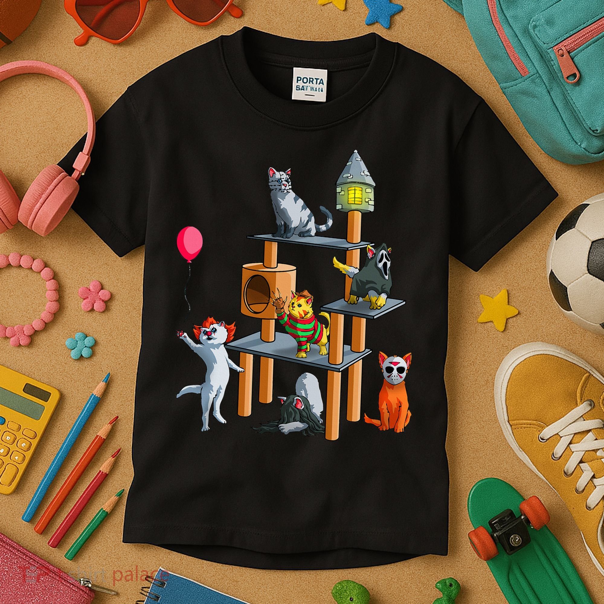 Cat Horror Movies Cute Halloween For Cat Kitty Lovers Kids T-Shirt