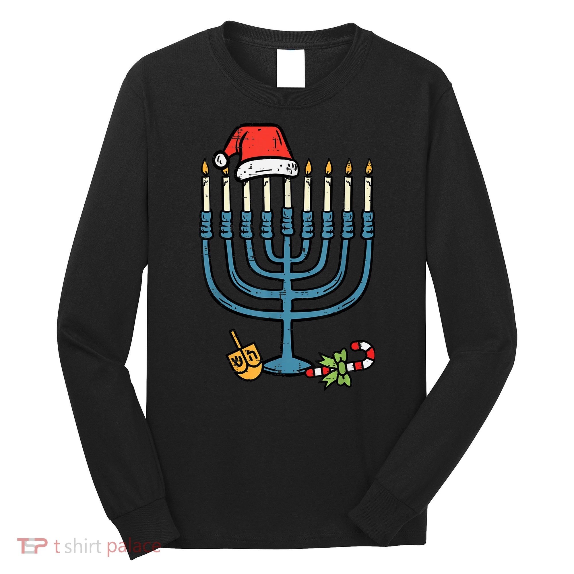 Christmas Hat Menorah Jew Hanukkah Chanukah    Long Sleeve Shirt