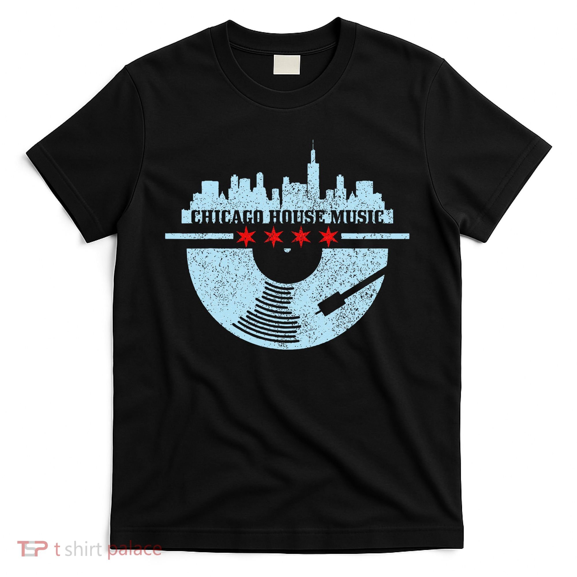 Chicago House Music Vintage Vinyl Dj Raver Flag Skyline Gift T-Shirt