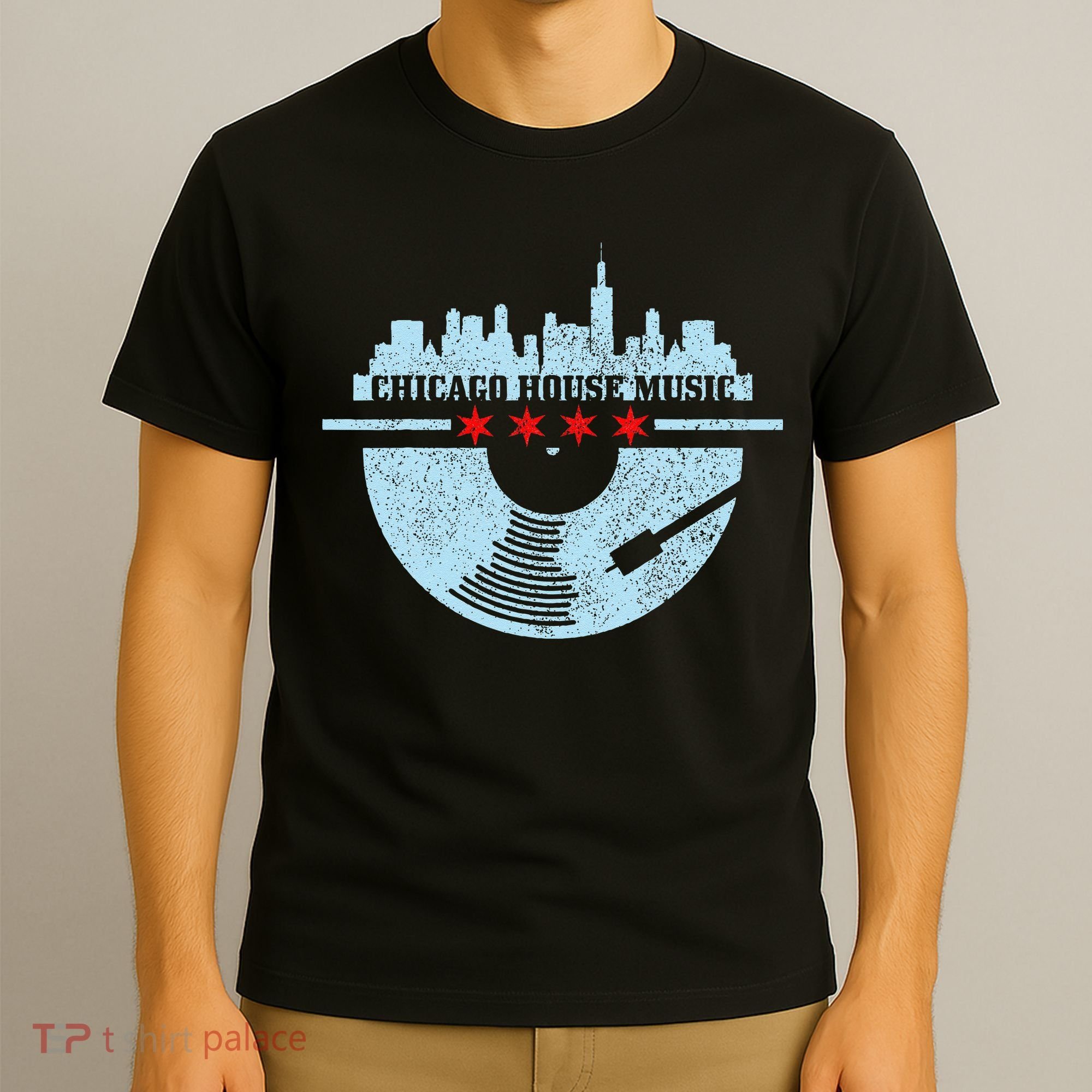 Chicago House Music Vintage Vinyl Dj Raver Flag Skyline Gift T-Shirt