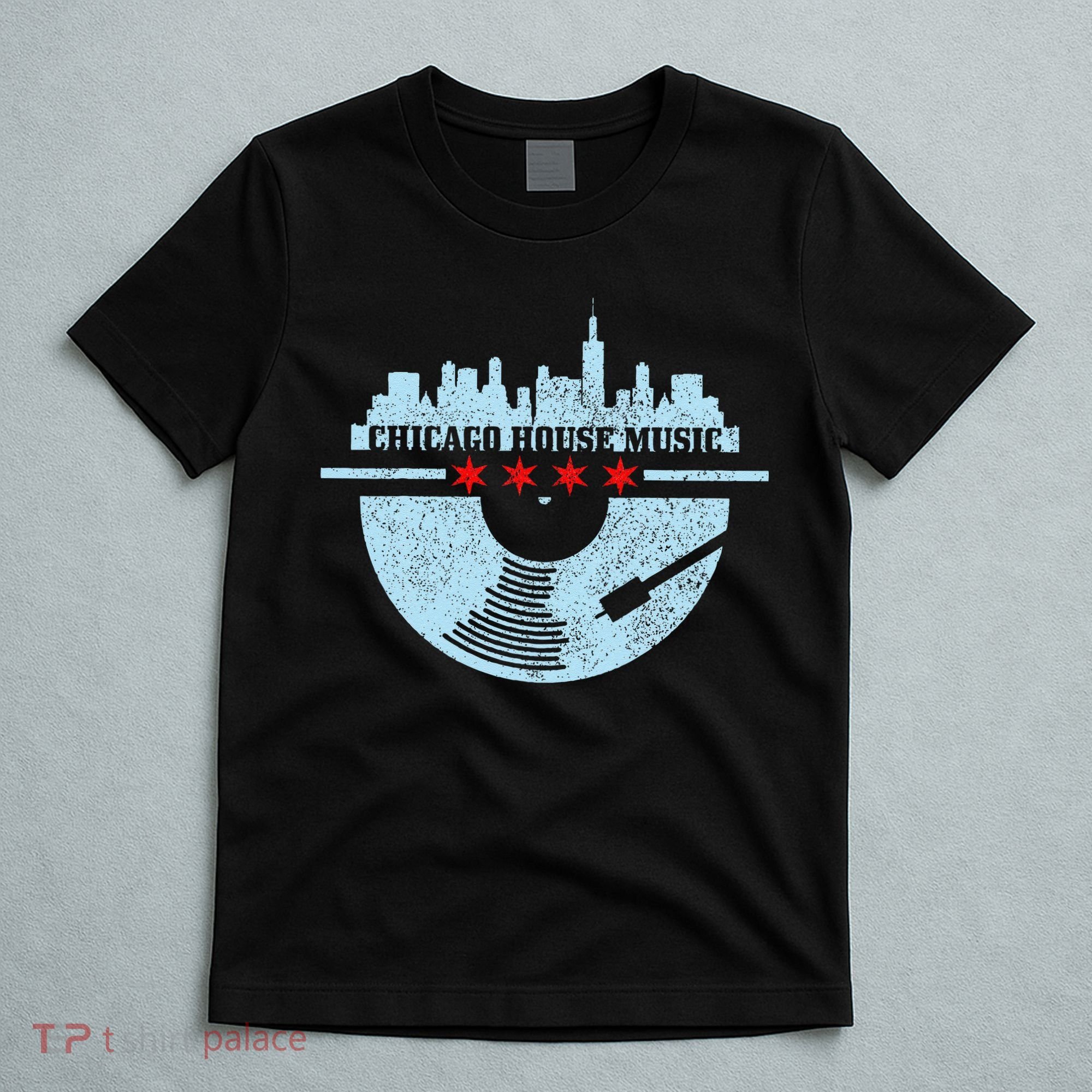 Chicago House Music Vintage Vinyl Dj Raver Flag Skyline Gift T-Shirt