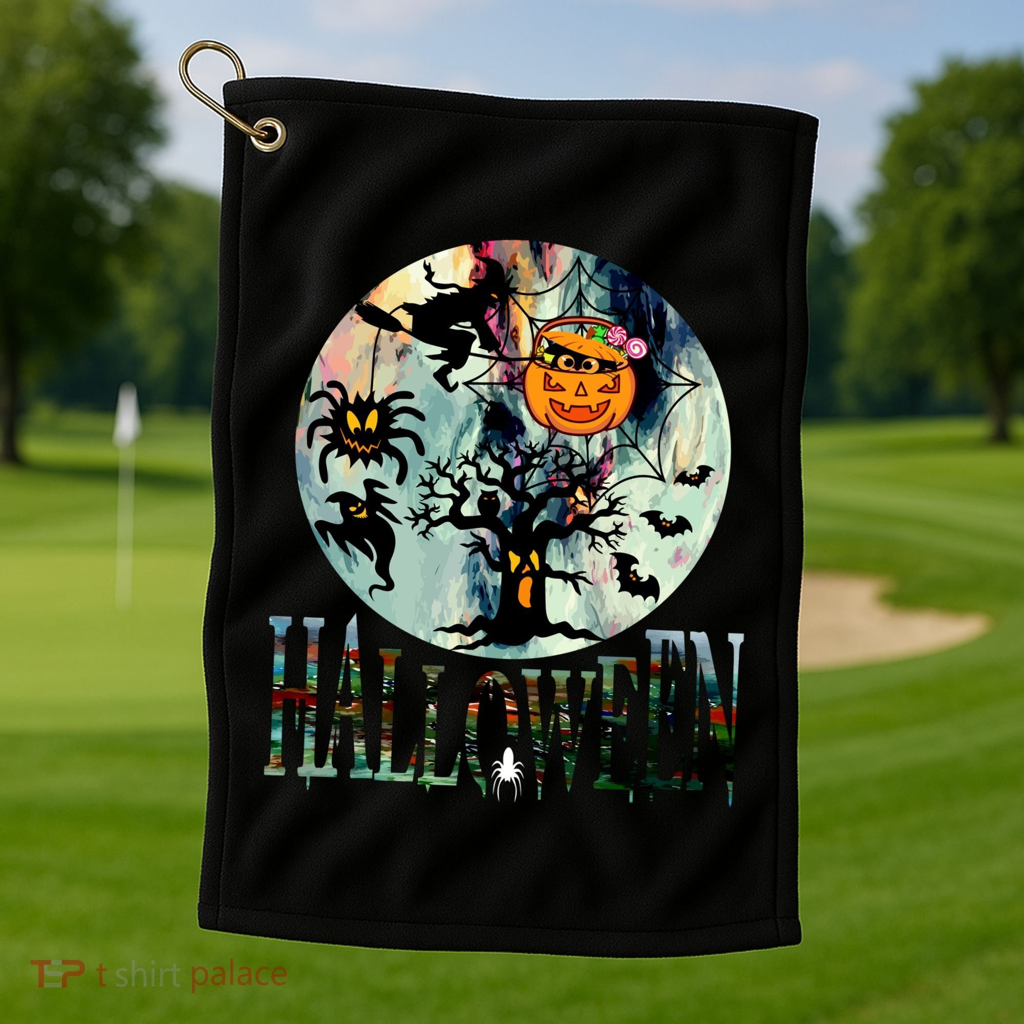 Creepy Halloween Moon Spider Pumpkin Witch Ghost Golf Towel