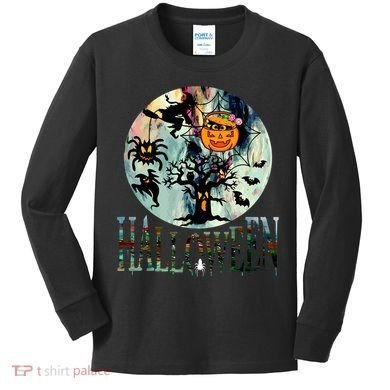 Creepy Halloween Moon Spider Pumpkin Witch Ghost Kids Long Sleeve Shirt