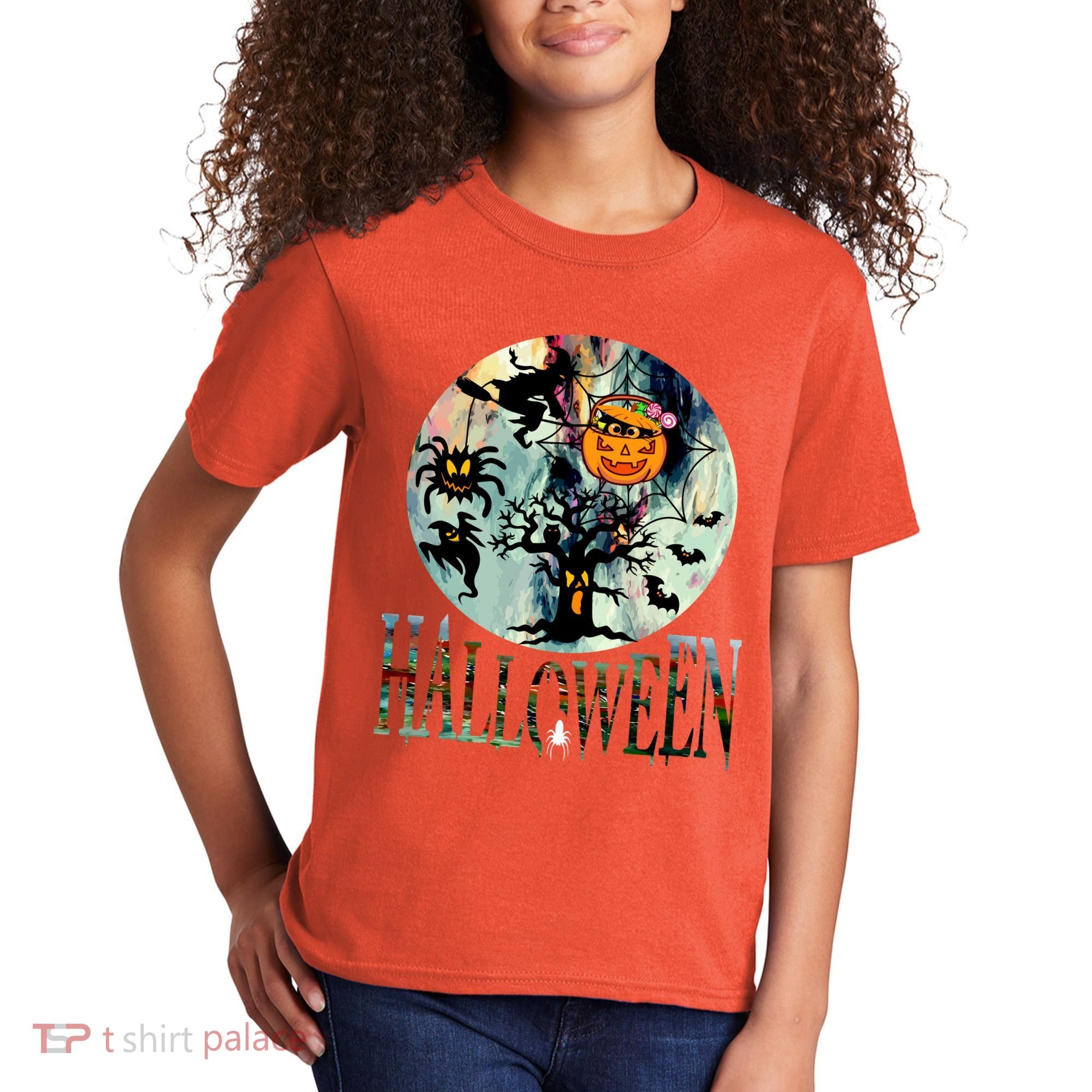 Creepy Halloween Moon Spider Pumpkin Witch Ghost Kids T-Shirt