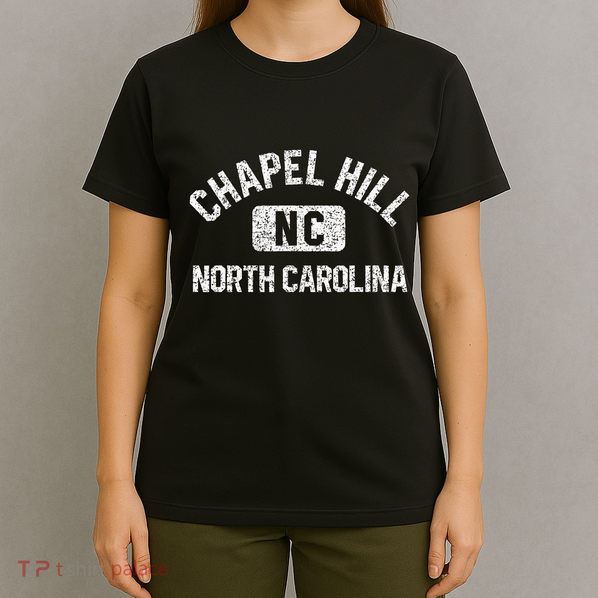 Chapel Hill NC North Carolina Gym Style Distress White Print T-Shirt