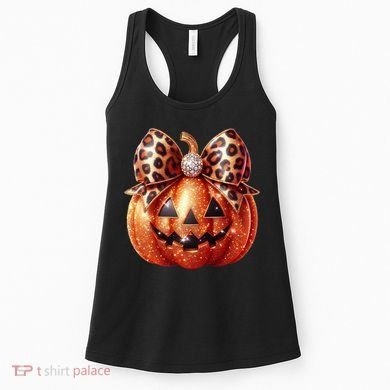 Cute Halloween Pumpkin Leopard Bow Women's Tank Top