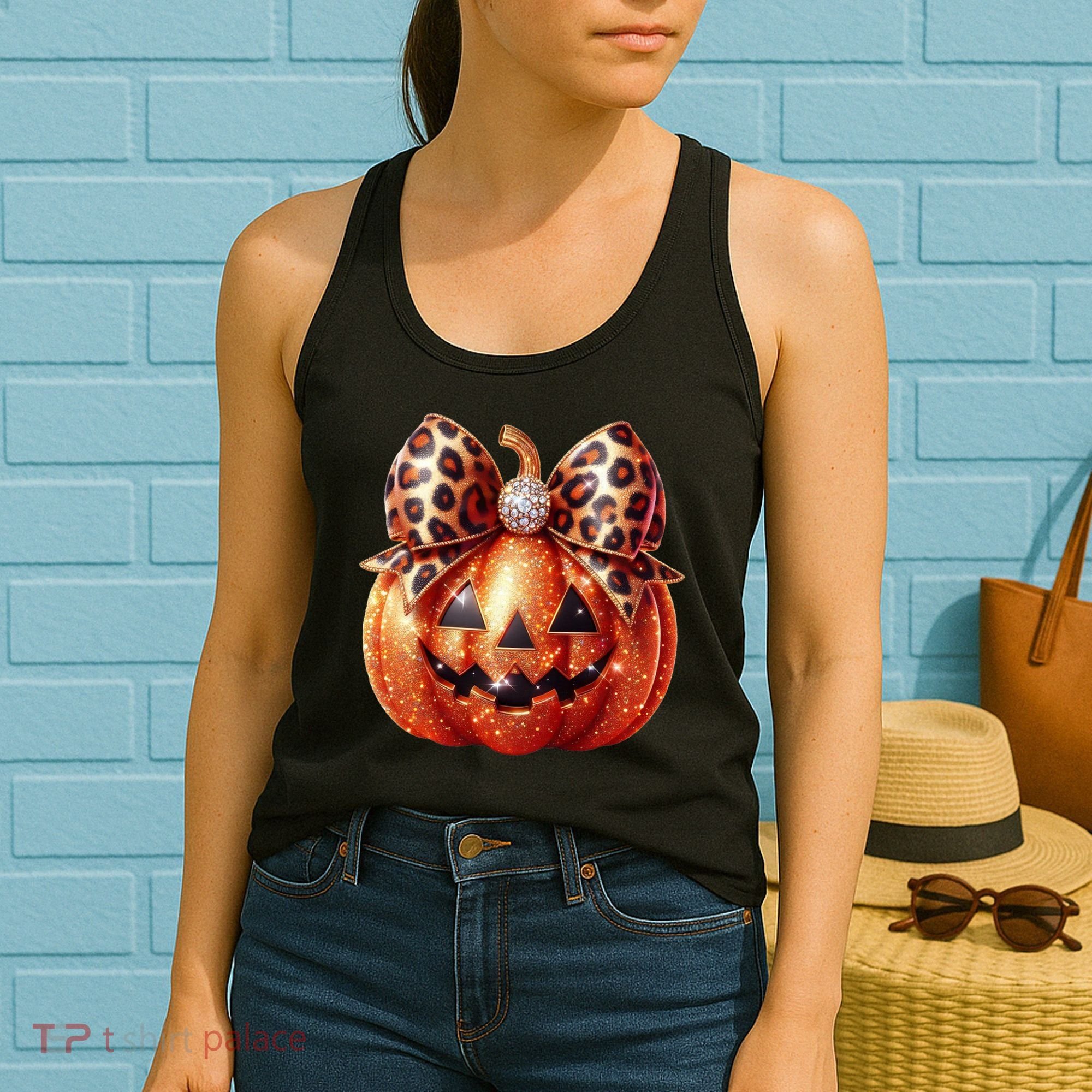 Cute Halloween Pumpkin Leopard Bow Women's Tank Top