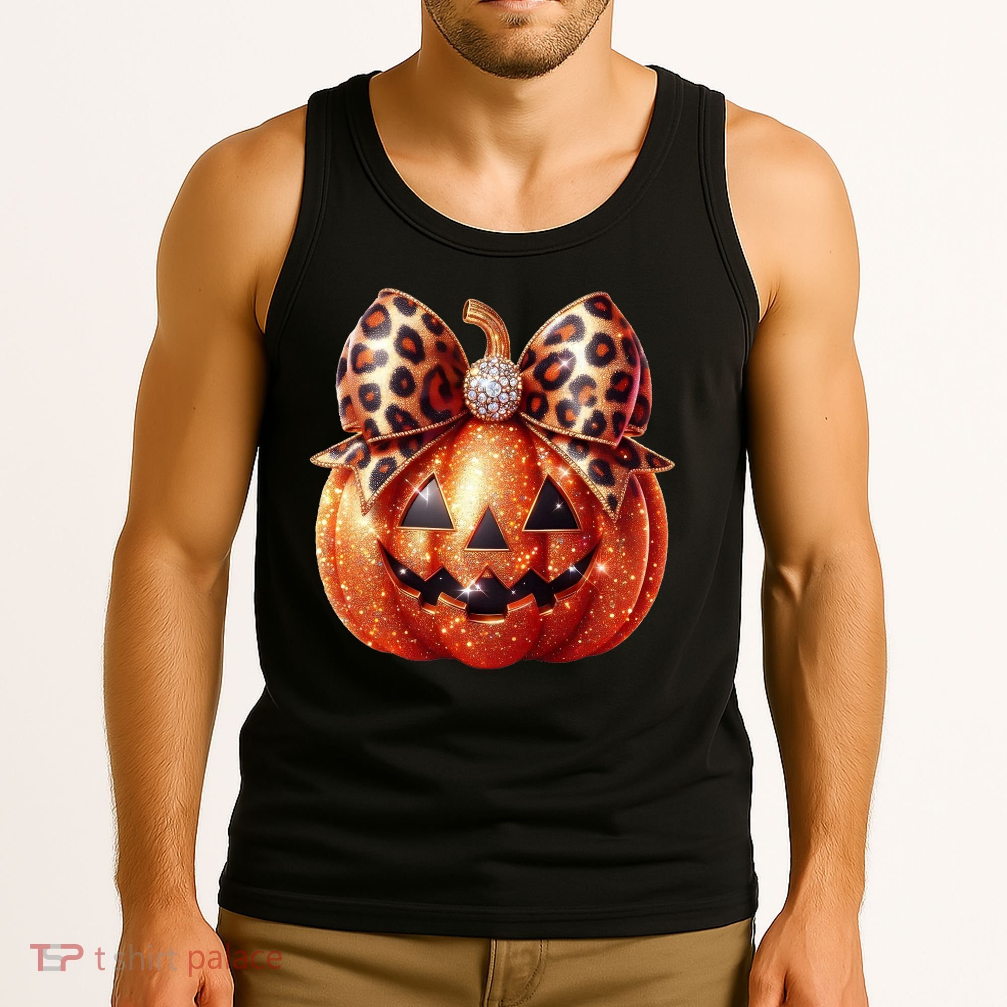 Cute Halloween Pumpkin Leopard Bow Tank Top