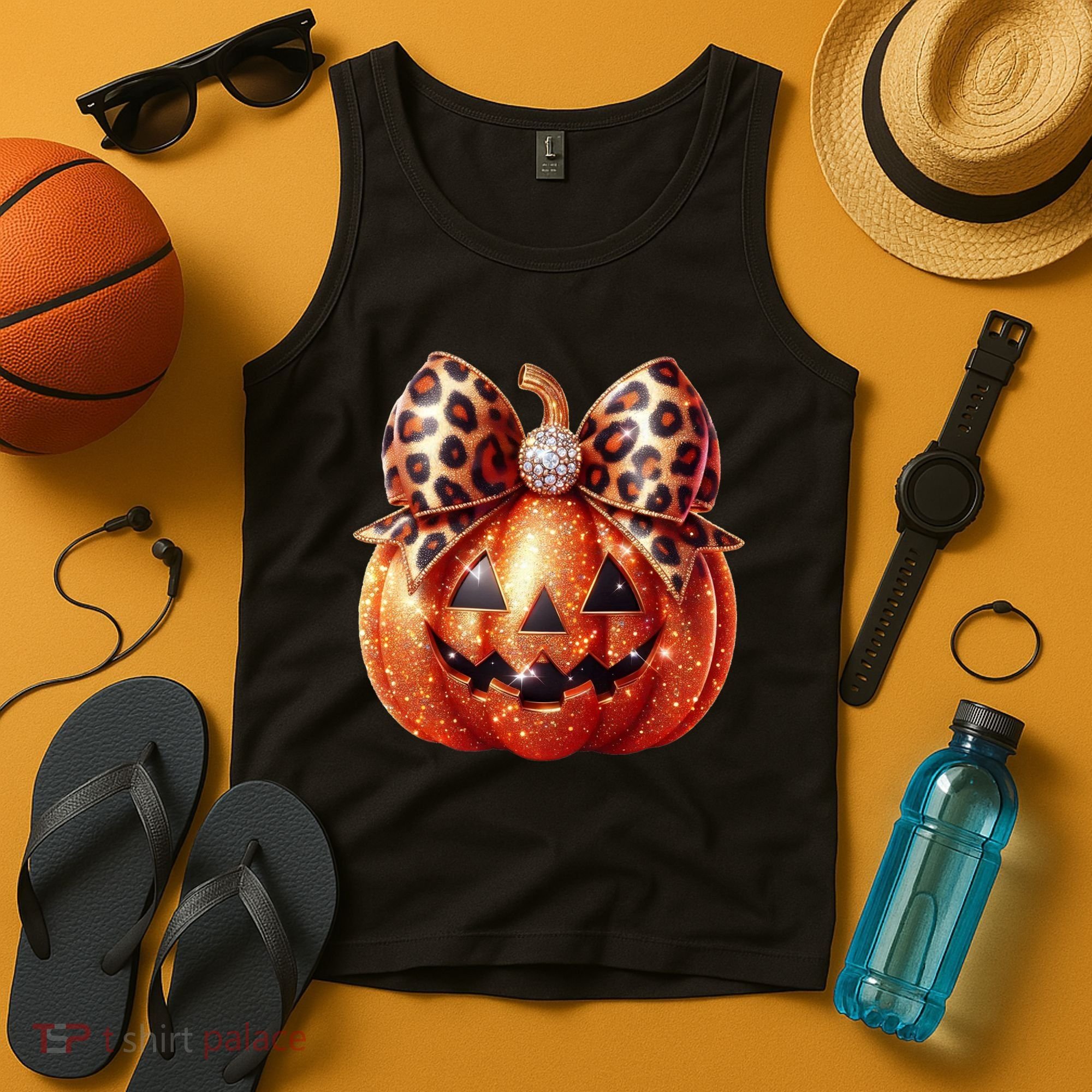 Cute Halloween Pumpkin Leopard Bow Tank Top