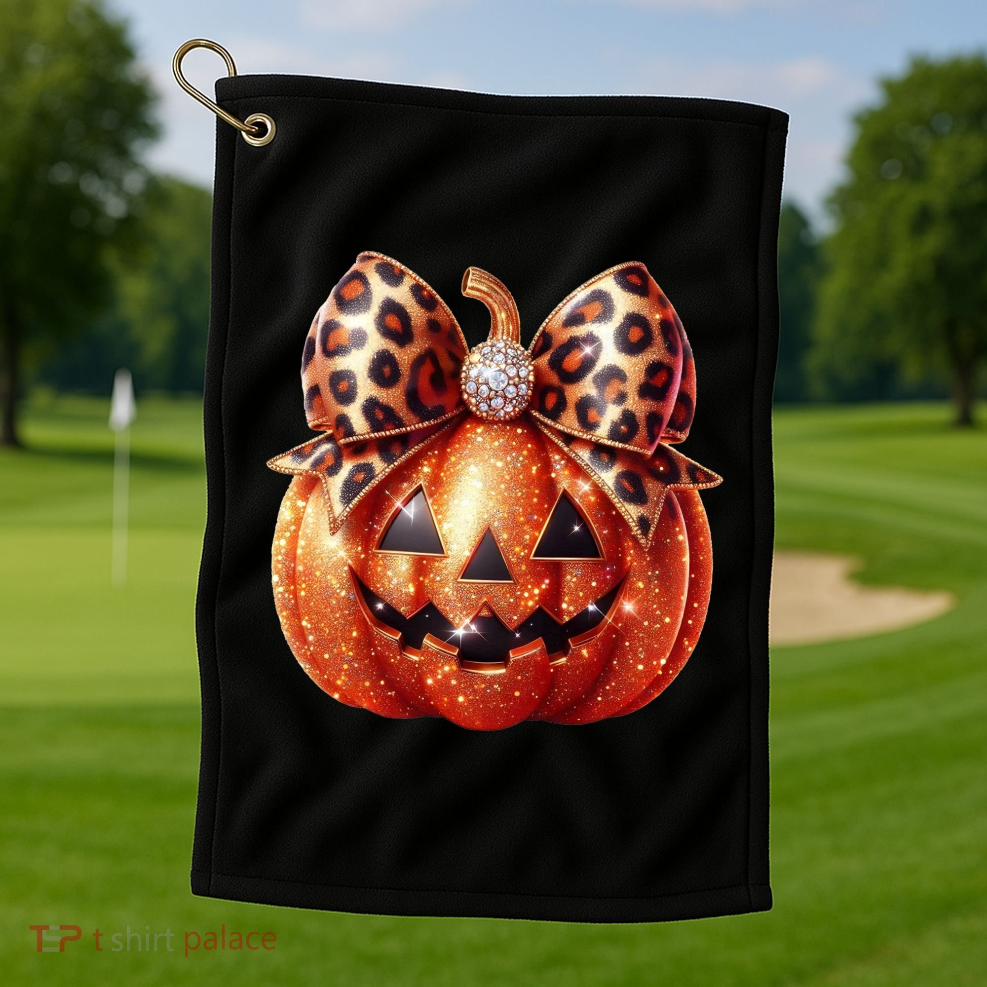Cute Halloween Pumpkin Leopard Bow Golf Towel