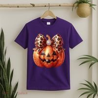 Cute Halloween Pumpkin Leopard Bow T-Shirt thumb 2